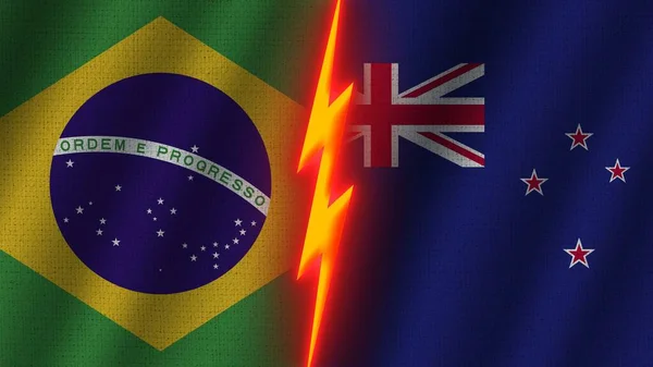 Yeni Zelanda Brezilya Bayrakları Birlikte Dalgalı Kumaş Doku Efekti Neon — Stok fotoğraf