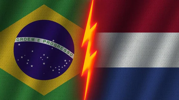 Hollanda Brezilya Bayrakları Birlikte Dalgalı Kumaş Doku Efekti Neon Parıltısı — Stok fotoğraf