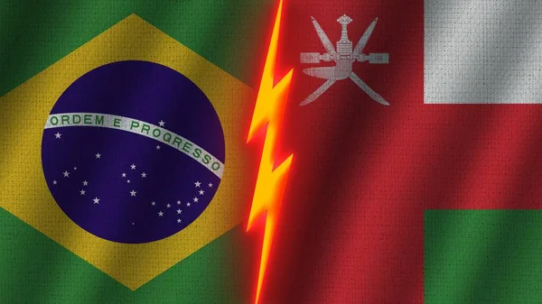 Oman and Brazil Flags Together, Wavy Fabric Texture Effect, Neon Glow Effect, Shining Thunder Icon, Crisis Concept, 3D Illustration