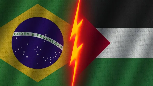 Palestine Brazil Flags Together Wavy Fabric Texture Effect Neon Glow — стокове фото