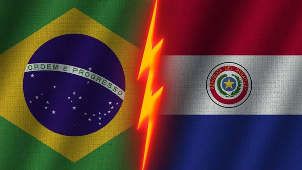 Paraguay Brazil Flags Together Wavy Fabric Texture Effect Neon Glow — стокове фото