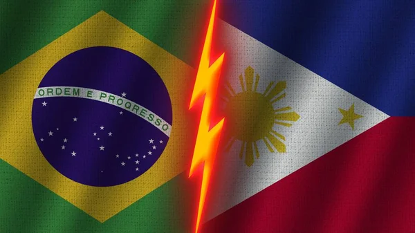 Philippines and Brazil Flags Together, Wavy Fabric Texture Effect, Neon Glow Effect, Shining Thunder Icon, Crisis Concept, 3D Illustration