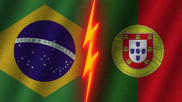 Portekiz Brezilya Bayrakları Birlikte Dalgalı Kumaş Doku Efekti Neon Parıltısı — Stok fotoğraf