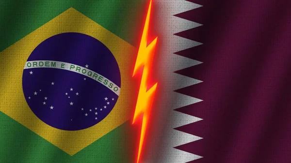 Qatar and Brazil Flags Together, Wavy Fabric Texture Effect, Neon Glow Effect, Shining Thunder Icon, Crisis Concept, 3D Illustration