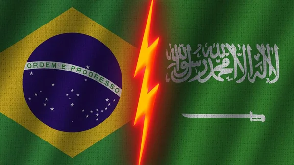 Suudi Arabistan Brezilya Bayrakları Birlikte Dalgalı Kumaş Doku Efekti Neon — Stok fotoğraf