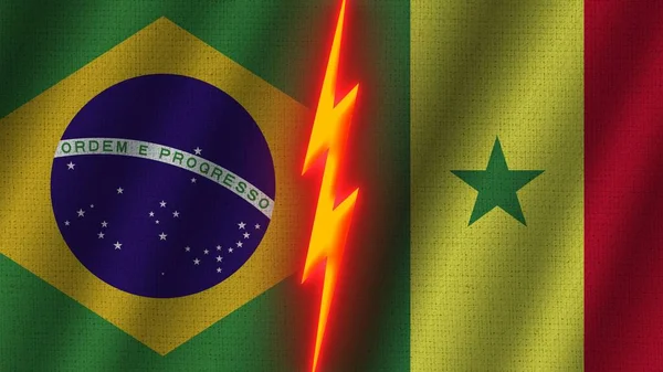 Senegal and Brazil Flags Together, Wavy Fabric Texture Effect, Neon Glow Effect, Shining Thunder Icon, Crisis Concept, 3D Illustration