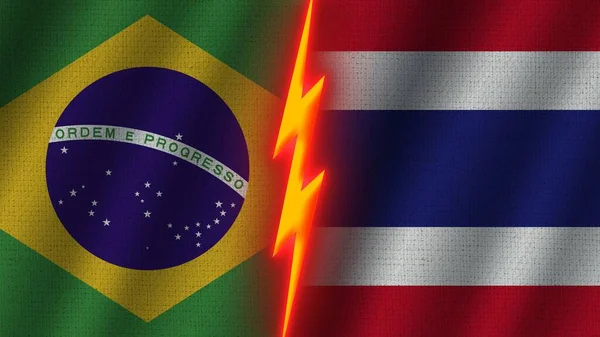 Tayland Brezilya Bayrakları Birlikte Dalgalı Kumaş Doku Efekti Neon Parıltısı — Stok fotoğraf