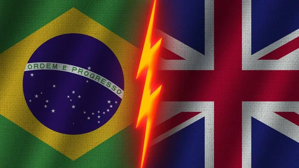 United Kingdom and Brazil Flags Together, Wavy Fabric Texture Effect, Neon Glow Effect, Shining Thunder Icon, Crisis Concept, 3D Illustration