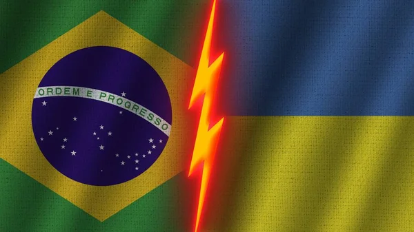 Ukraine and Brazil Flags Together, Wavy Fabric Texture Effect, Neon Glow Effect, Shining Thunder Icon, Crisis Concept, 3D Illustration