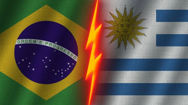 Uruguay Brazilië Vlaggen Samen Golvend Stof Textuur Effect Neon Gloeiend — Stockfoto