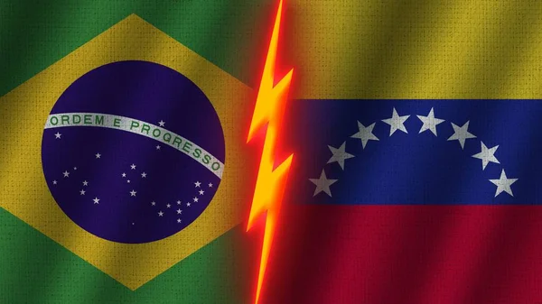 Venezuela Brezilya Bayrakları Birlikte Dalgalı Kumaş Doku Efekti Neon Parıltısı — Stok fotoğraf