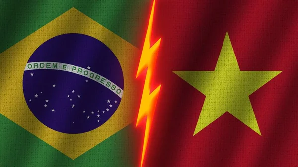 Vietnam Brezilya Bayrakları Birlikte Dalgalı Kumaş Doku Efekti Neon Parıltısı — Stok fotoğraf