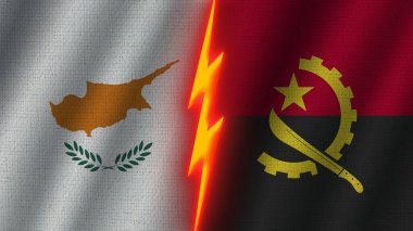 Angola ve Kıbrıs Bayrakları Birlikte, Dalgalı Kumaş Doku Efekti, Neon Parıltısı Efekti, Parlayan Şimşek Simgesi, Kriz Konsepti, 3D İllüstrasyon