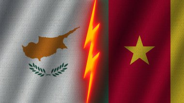 Kamerun ve Kıbrıs Bayrakları Birlikte, Dalgalı Kumaş Doku Efekti, Neon Parıltısı Efekti, Parlayan Şimşek Simgesi, Kriz Konsepti, 3D İllüstrasyon