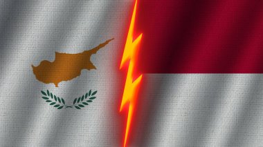 Endonezya ve Kıbrıs Bayrakları Birlikte, Dalgalı Kumaş Doku Efekti, Neon Parıltısı Efekti, Parlak Şimşek Simgesi, Kriz Konsepti, 3D İllüstrasyon