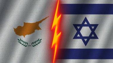 İsrail ve Kıbrıs Bayrakları Birlikte, Dalgalı Kumaş Doku Efekti, Neon Parıltısı Efekti, Parlayan Şimşek Simgesi, Kriz Konsepti, 3D İllüstrasyon