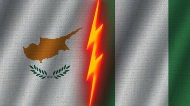 Nijerya ve Kıbrıs Bayrakları Birlikte, Dalgalı Kumaş Doku Efekti, Neon Parıltısı Efekti, Parlayan Şimşek Simgesi, Kriz Konsepti, 3D İllüstrasyon