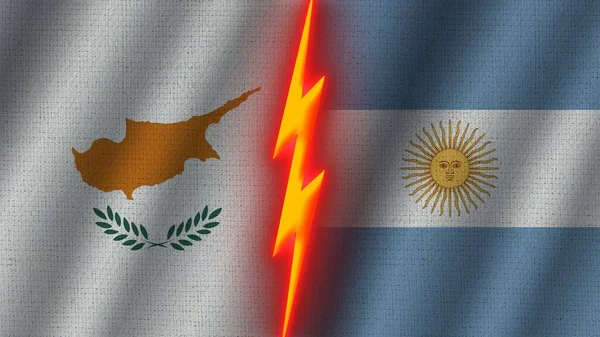 Argentinië Cyprus Vlaggen Samen Golvend Stof Textuur Effect Neon Gloeiend — Stockfoto