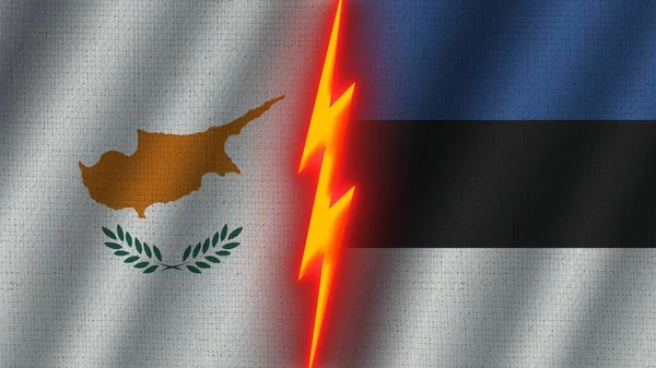 エストニアとキプロスの旗一緒に 波織物テクスチャ効果 ネオングロー効果 輝く雷アイコン 危機の概念 3Dイラスト — ストック写真