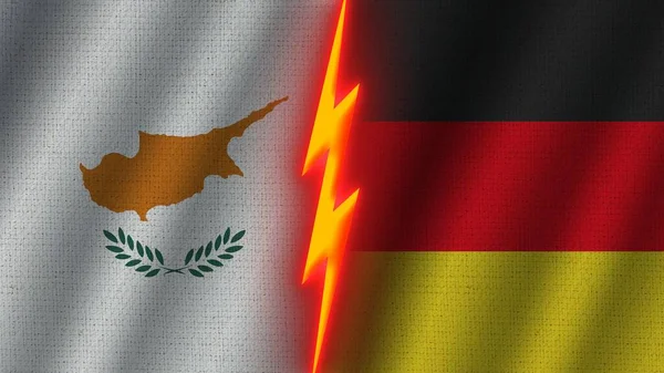 Germany Cyprus Flags Together Wavy Fabric Texture Effect Neon Glow — стокове фото