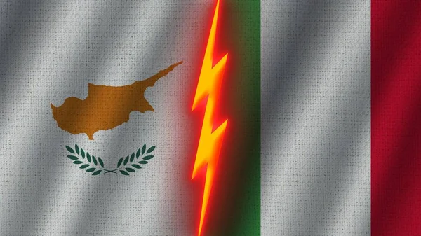 Italy Cyprus Flags Together Wavy Fabric Texture Effect Neon Glow — Φωτογραφία Αρχείου