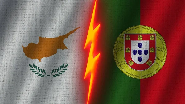 Banderas Portugal Chipre Juntas Efecto Textura Tela Ondulada Efecto Brillo — Foto de Stock