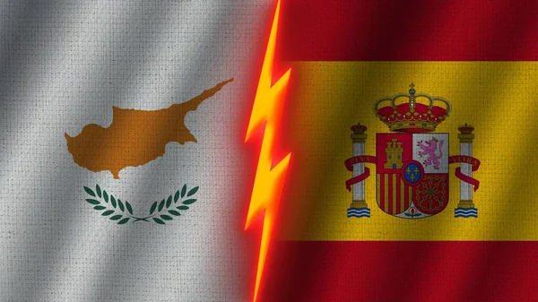 Spain Cyprus Flags Together Wavy Fabric Texture Effect Neon Glow — Φωτογραφία Αρχείου