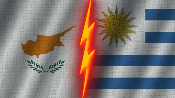 Uruguay Cyprus Vlaggen Samen Golvend Stof Textuur Effect Neon Gloeiend — Stockfoto