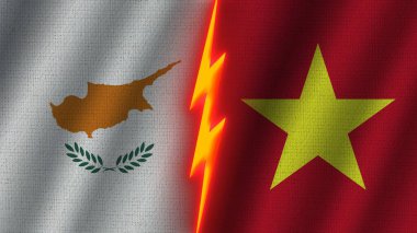 Vietnam ve Kıbrıs Bayrakları Birlikte, Dalgalı Kumaş Doku Efekti, Neon Parıltısı Efekti, Parlayan Şimşek Simgesi, Kriz Konsepti, 3D İllüstrasyon
