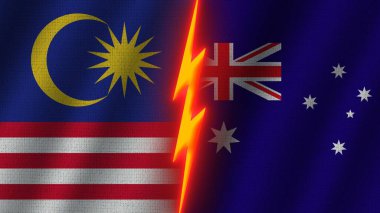 Avustralya ve Malezya Bayrakları Birlikte, Dalgalı Kumaş Doku Efekti, Neon Parıltısı Efekti, Parlayan Şimşek Simgesi, Kriz Konsepti, 3D İllüstrasyon