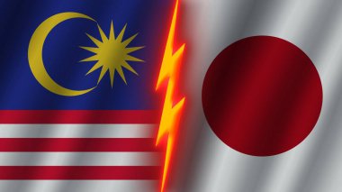 Japonya ve Malezya Bayrakları Birlikte, Dalgalı Kumaş Doku Efekti, Neon Parıltısı Efekti, Parlayan Şimşek Simgesi, Kriz Konsepti, 3D İllüstrasyon