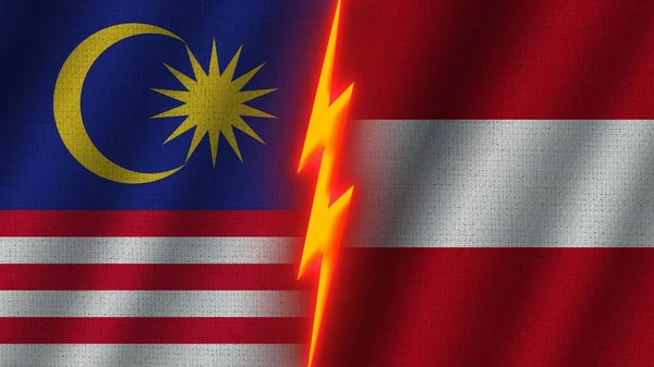 オーストリアとマレーシアの旗が一緒に 波織物テクスチャ効果 ネオングロー効果 輝く雷アイコン 危機の概念 3Dイラスト — ストック写真