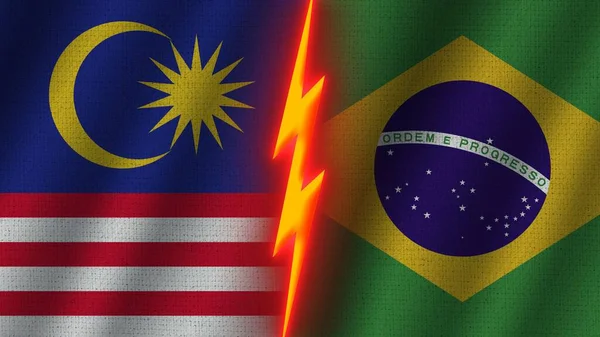 Banderas Brasil Malasia Juntas Efecto Textura Tela Ondulada Efecto Brillo —  Fotos de Stock