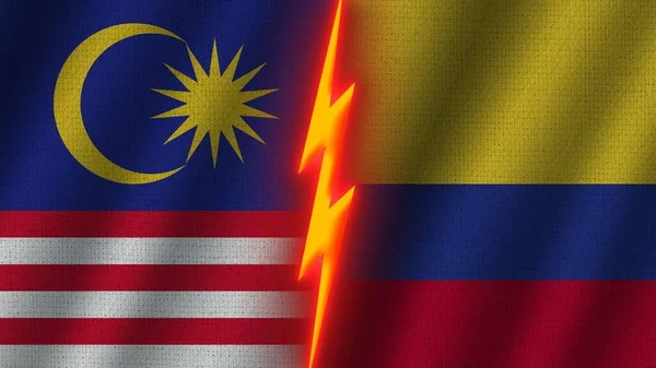 Colombia Malaysia Flags Together Wavy Fabric Texture Effect Neon Glow — 스톡 사진