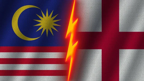 England Malaysia Flags Together Wavy Fabric Texture Effect Neon Glow — 스톡 사진