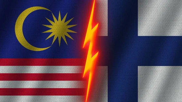 Banderas Finlandia Malasia Juntas Efecto Textura Tela Ondulada Efecto Brillo —  Fotos de Stock