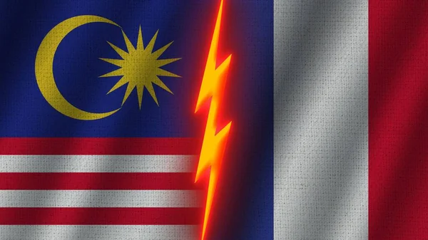 Bandeiras França Malásia Juntas Efeito Textura Tecido Ondulado Efeito Brilho — Fotografia de Stock