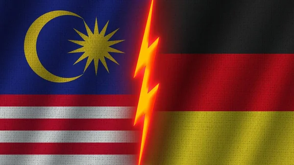 Bandeiras Alemanha Malásia Juntas Efeito Textura Tecido Ondulado Efeito Brilho — Fotografia de Stock