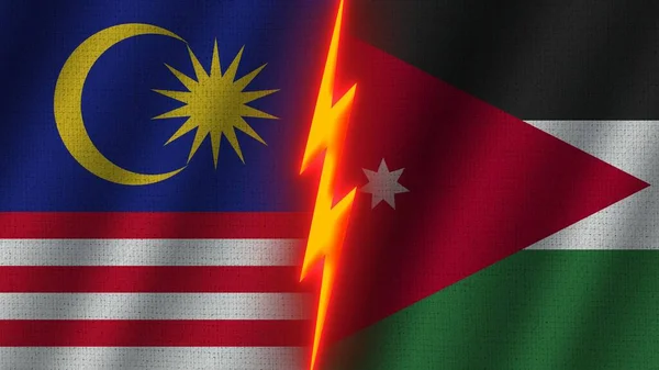 Jordanien Und Malaysia Flaggen Zusammen Wellengewebe Textur Effekt Neon Glow — Stockfoto