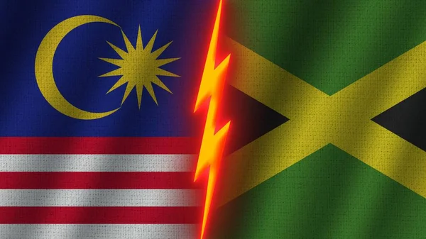 Jamaica and Malaysia Flags Together, Wavy Fabric Texture Effect, Neon Glow Effect, Shining Thunder Icon, Crisis Concept, 3D Illustration