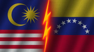 Venezuela ve Malezya Bayrakları Birlikte, Dalgalı Kumaş Doku Efekti, Neon Parıltısı Efekti, Parlayan Şimşek Simgesi, Kriz Konsepti, 3D İllüstrasyon