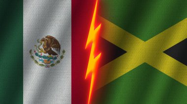 Jamaika ve Meksika Bayrakları Birlikte, Dalgalı Kumaş Doku Efekti, Neon Parıltısı Efekti, Parlayan Şimşek Simgesi, Kriz Konsepti, 3D İllüstrasyon