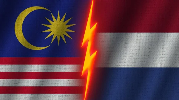 Netherlands Malaysia Flags Together Wavy Fabric Texture Effect Neon Glow — 스톡 사진