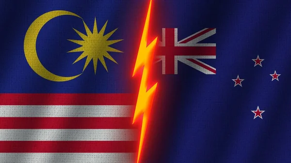 New Zealand Malaysia Flags Together Wavy Fabric Texture Effect Neon — стокове фото