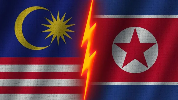 North Korea Malaysia Flags Together Wavy Fabric Texture Effect Neon — 스톡 사진