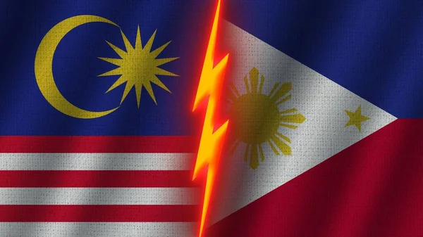 フィリピンとマレーシアの国旗一緒に 波織物テクスチャ効果 ネオングロー効果 輝く雷アイコン 危機の概念 3Dイラスト — ストック写真