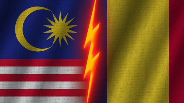 Románia Malajzia Zászlók Együtt Wavy Fabric Texture Effect Neon Glow — Stock Fotó