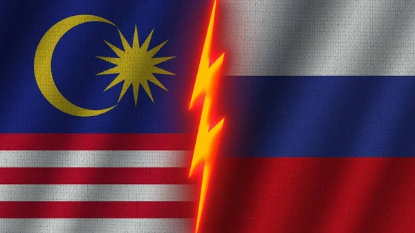 ロシアとマレーシアの国旗一緒に 波織物テクスチャ効果 ネオングロー効果 輝く雷アイコン 危機の概念 3Dイラスト — ストック写真