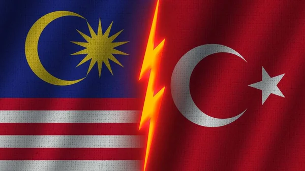 Bandeiras Turquia Malásia Juntas Efeito Textura Tecido Ondulado Efeito Brilho — Fotografia de Stock