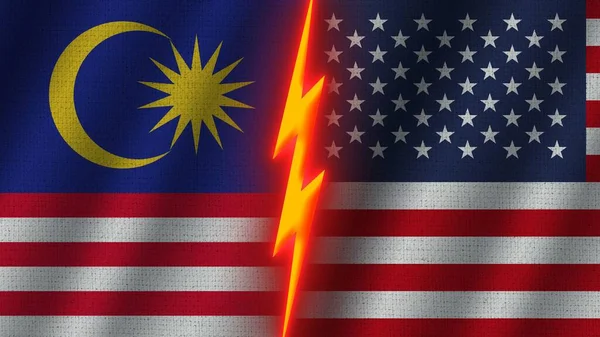 米国とマレーシアの国旗一緒に 波織物テクスチャ効果 ネオングロー効果 輝く雷アイコン 危機の概念 3Dイラスト — ストック写真
